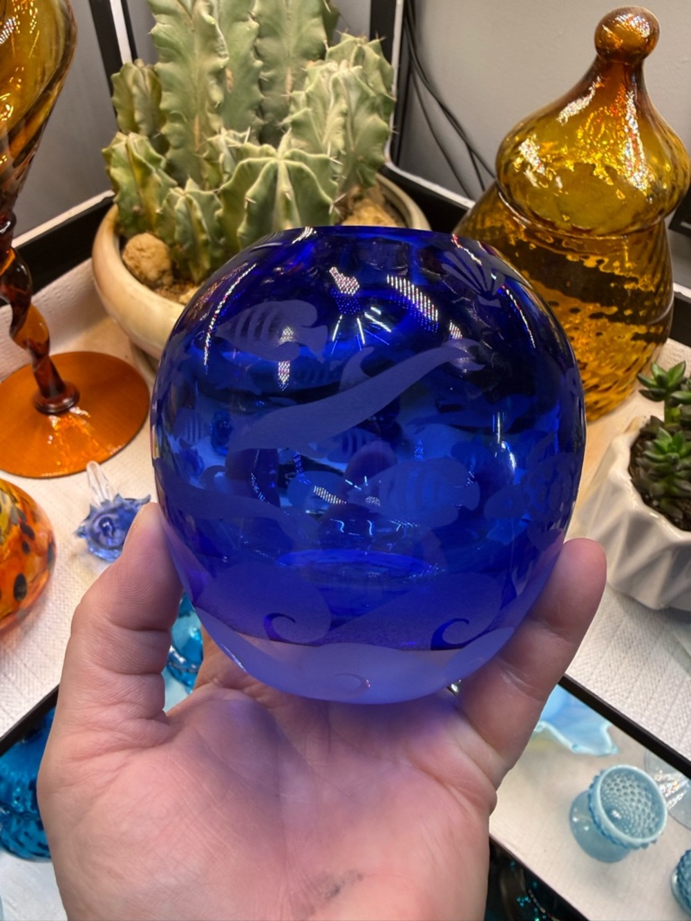 Cobalt Blue Etched Glass Orb Candle holder